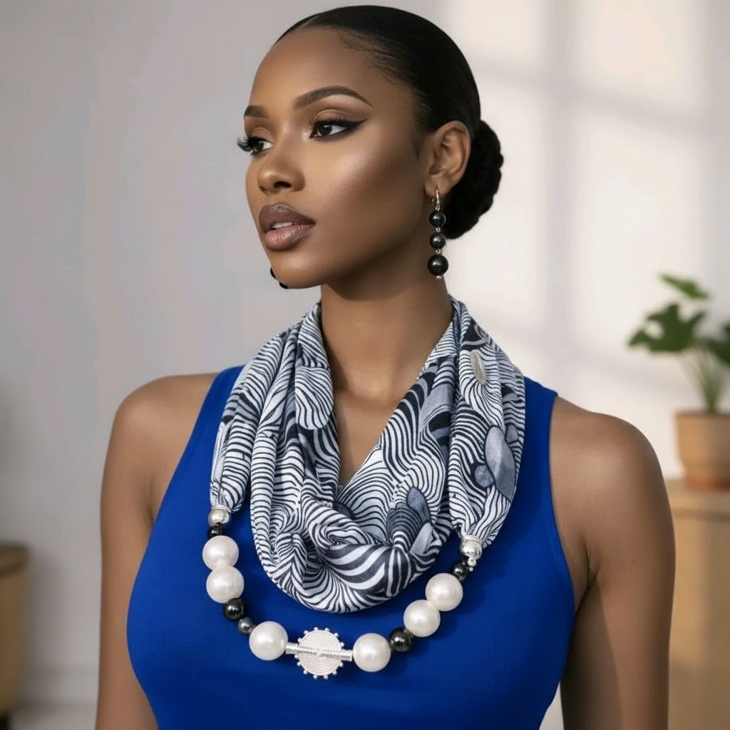 Foulard en soie noir et blanc avec perles, accessoire chic femme élégant