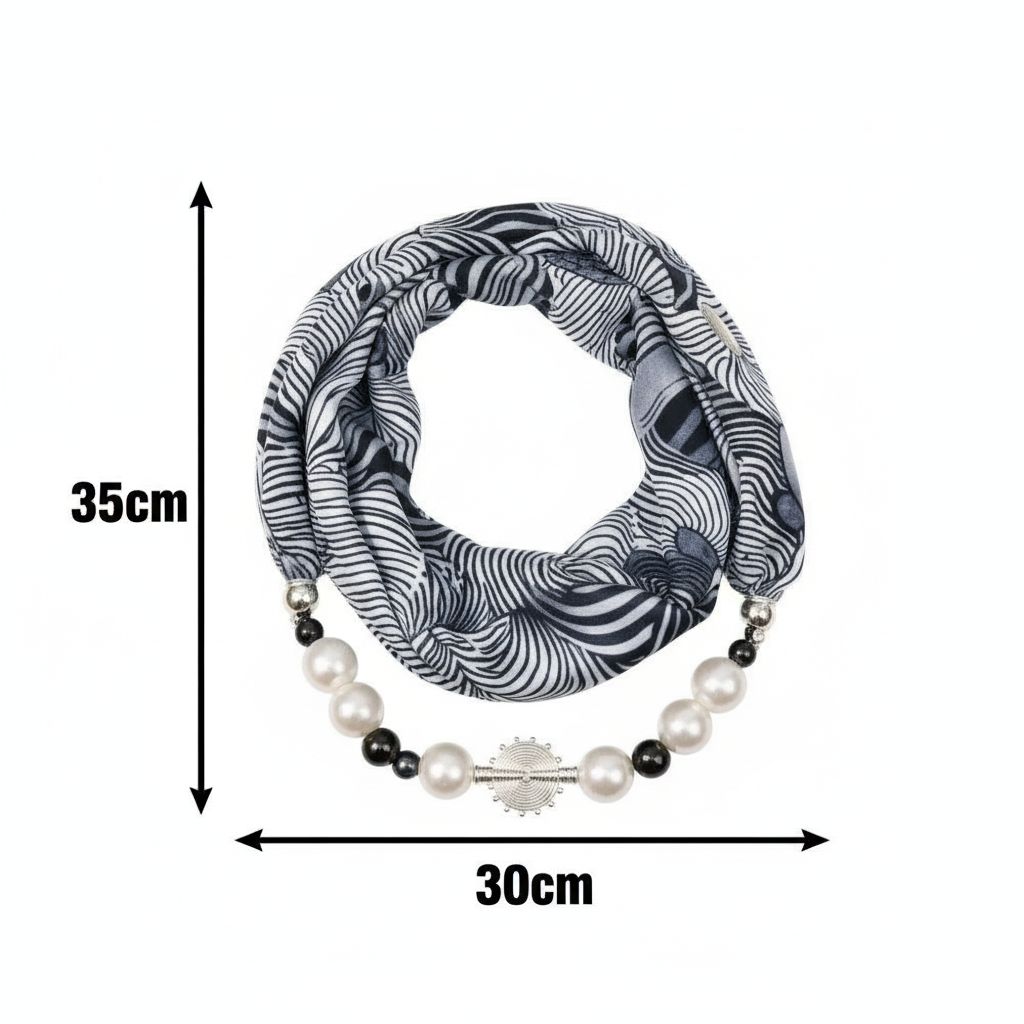 Foulard en soie noir et blanc avec perles, accessoire chic femme élégant