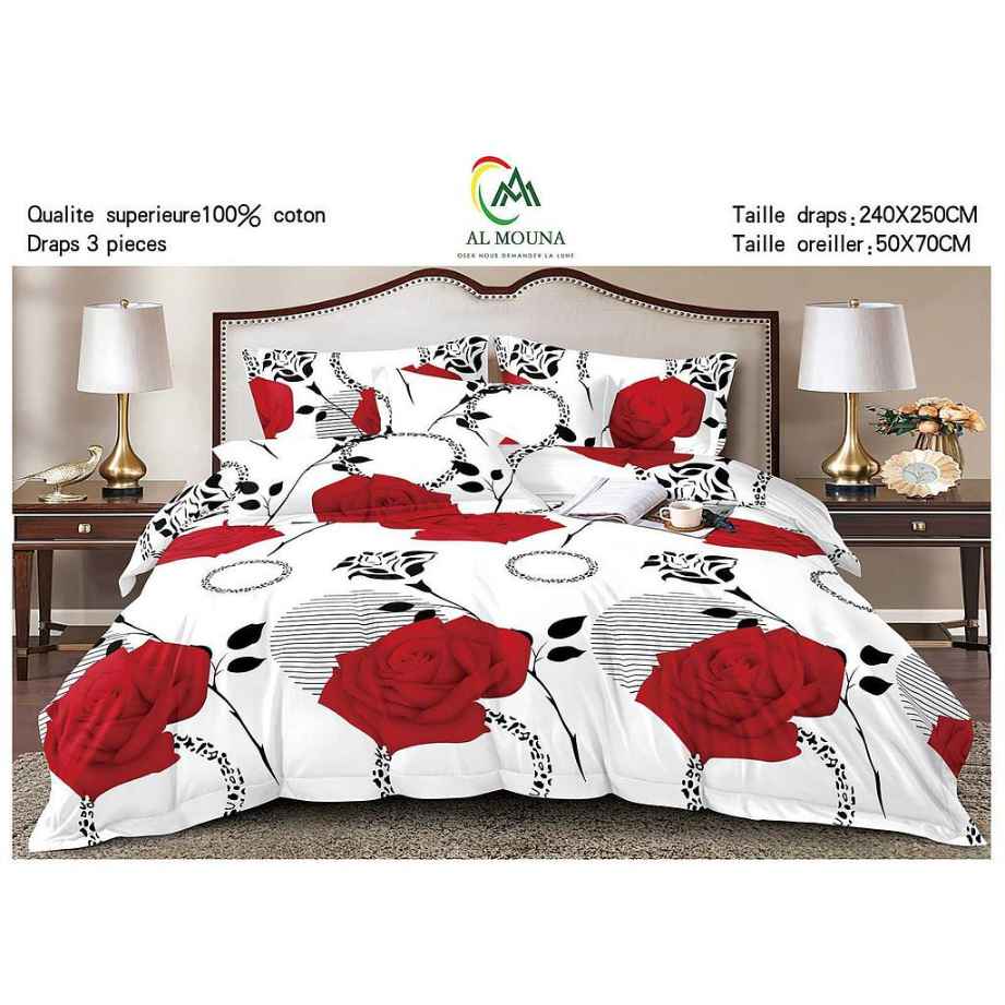 Draps en coton motif fleurs rouges