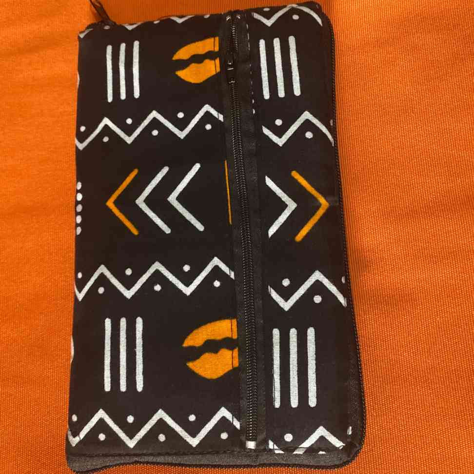 Sac bandoulière wax et lin, pliable, motif géométrique ethnique noir-orange