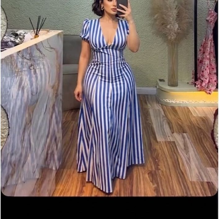 Robe longue femme bleu marine rayée décolleté en V