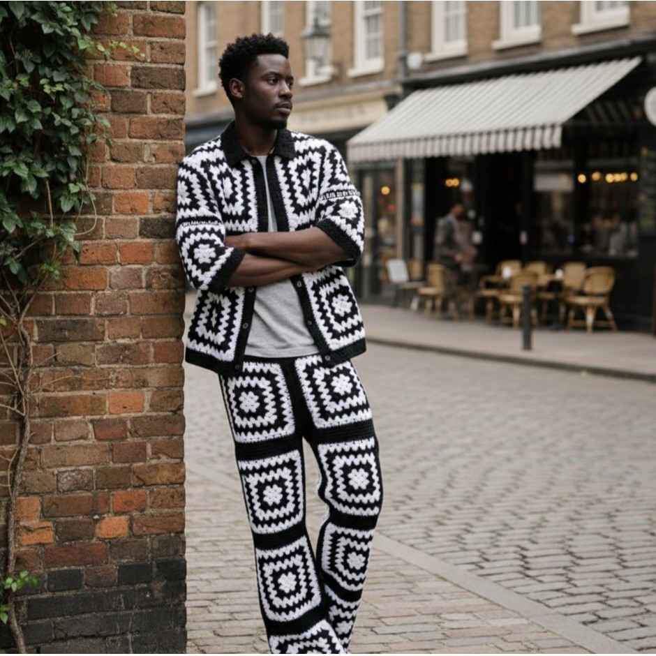 Ensemble crocheté unisexe noir et blanc – Pantalon cargo et chemise faits main