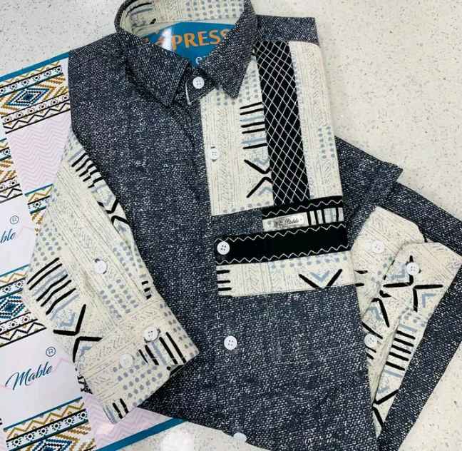 Chemise homme patchwork lin lourd gris et manches woodin imprimé géométrique
