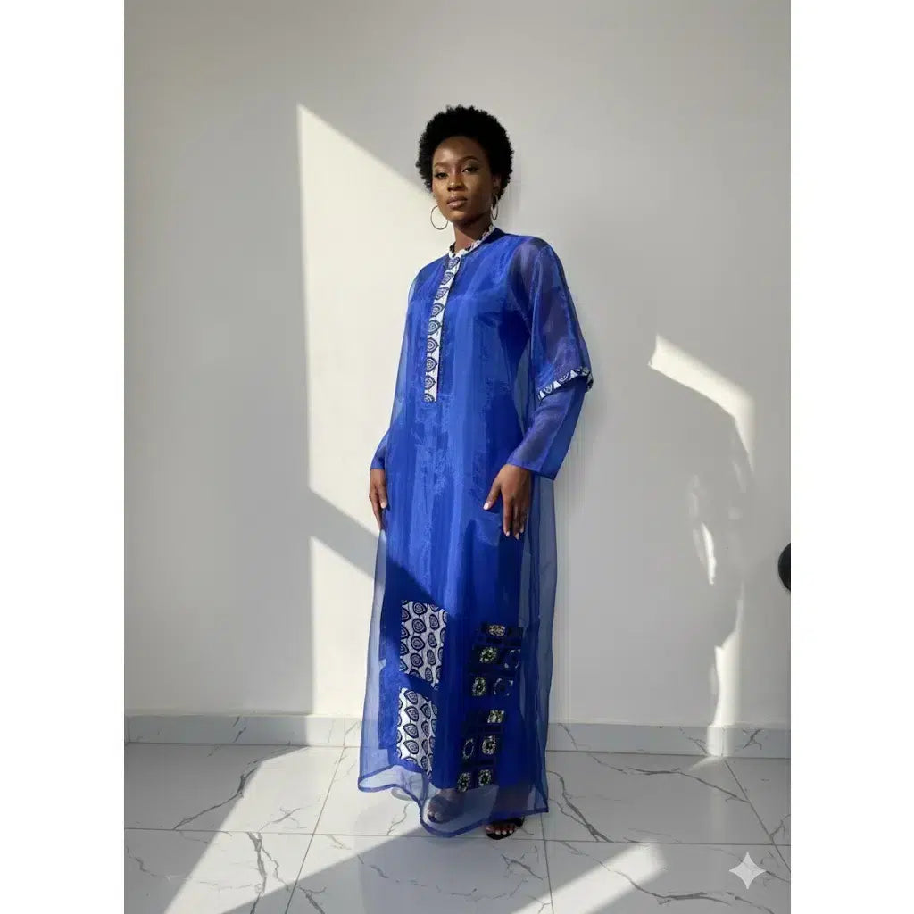 Tunique organza femme wax bleu électrique – Élégance cérémonie moderne