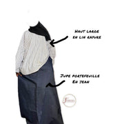 Jupe trapèze en jean femme et haut rayé laine coton, ensemble chic
