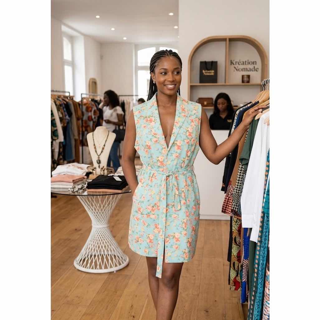 Robe blazer femme fleurie ceinturée verte