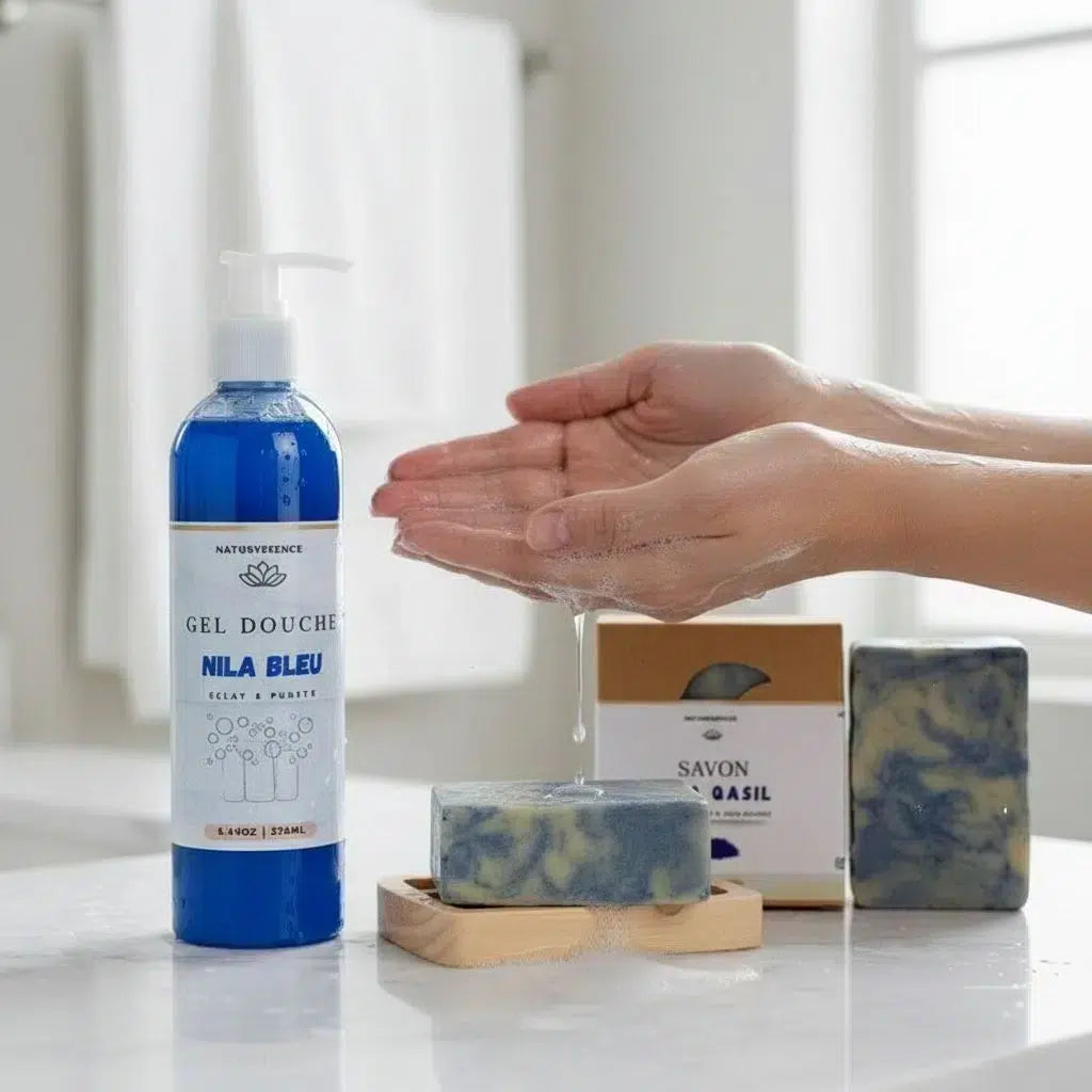 Duo Éclat &amp; Pureté – Nila Bleu Gel Douche + Savon Artisanal