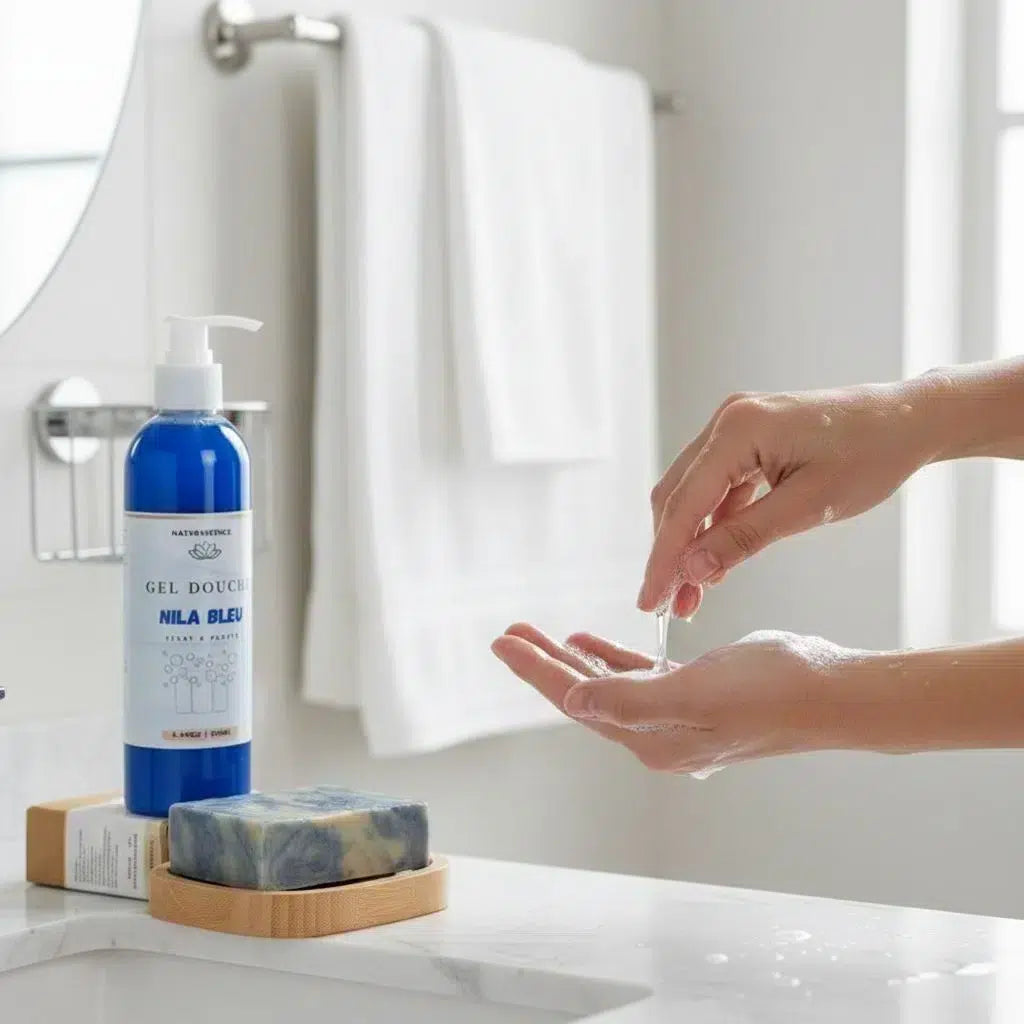 Duo Éclat &amp; Pureté – Nila Bleu Gel Douche + Savon Artisanal