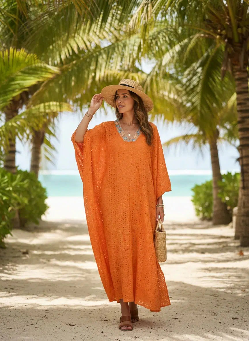 Robe orange femme longue chic en coton légère idéale pour lété