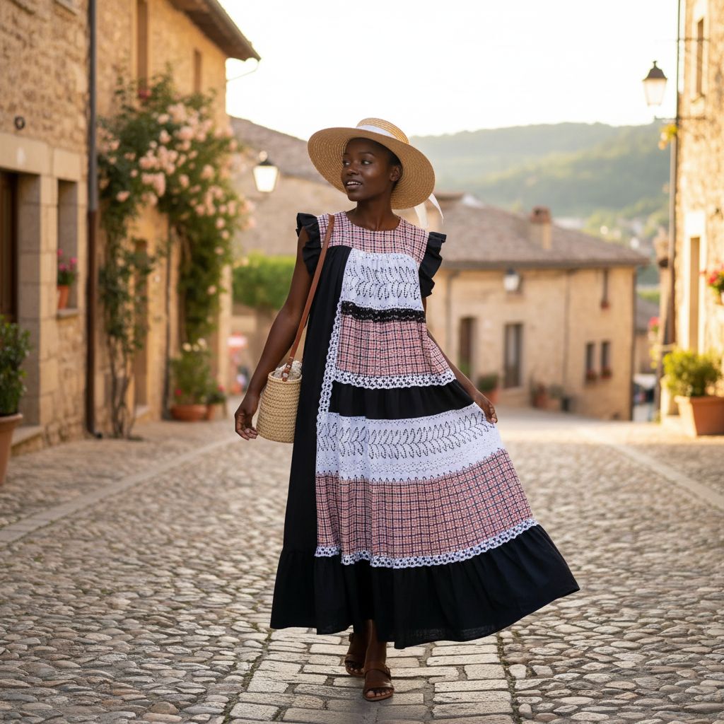 Robe bohème chic longue en lin avec patchwork en carreaux rouge blanc