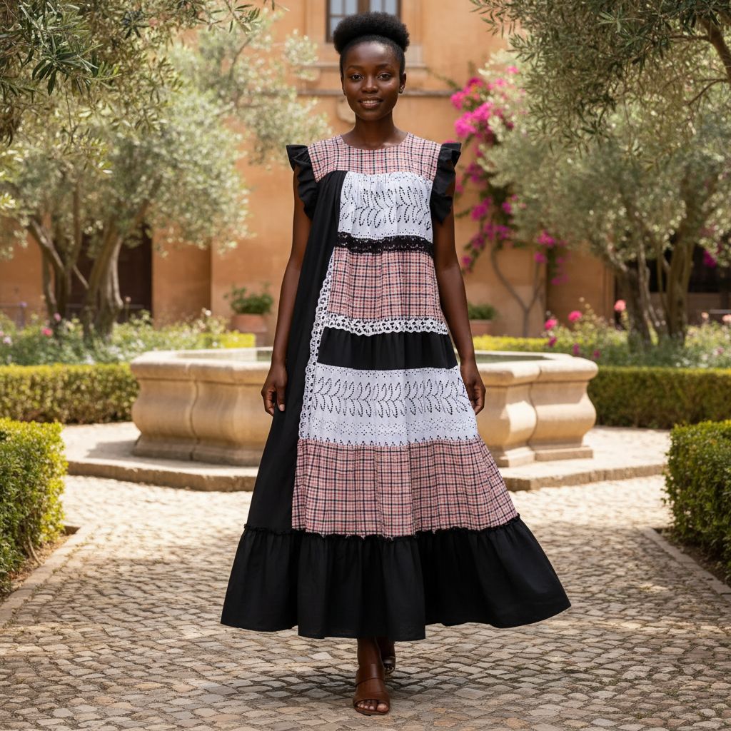 Robe bohème chic longue en lin avec patchwork en carreaux rouge blanc