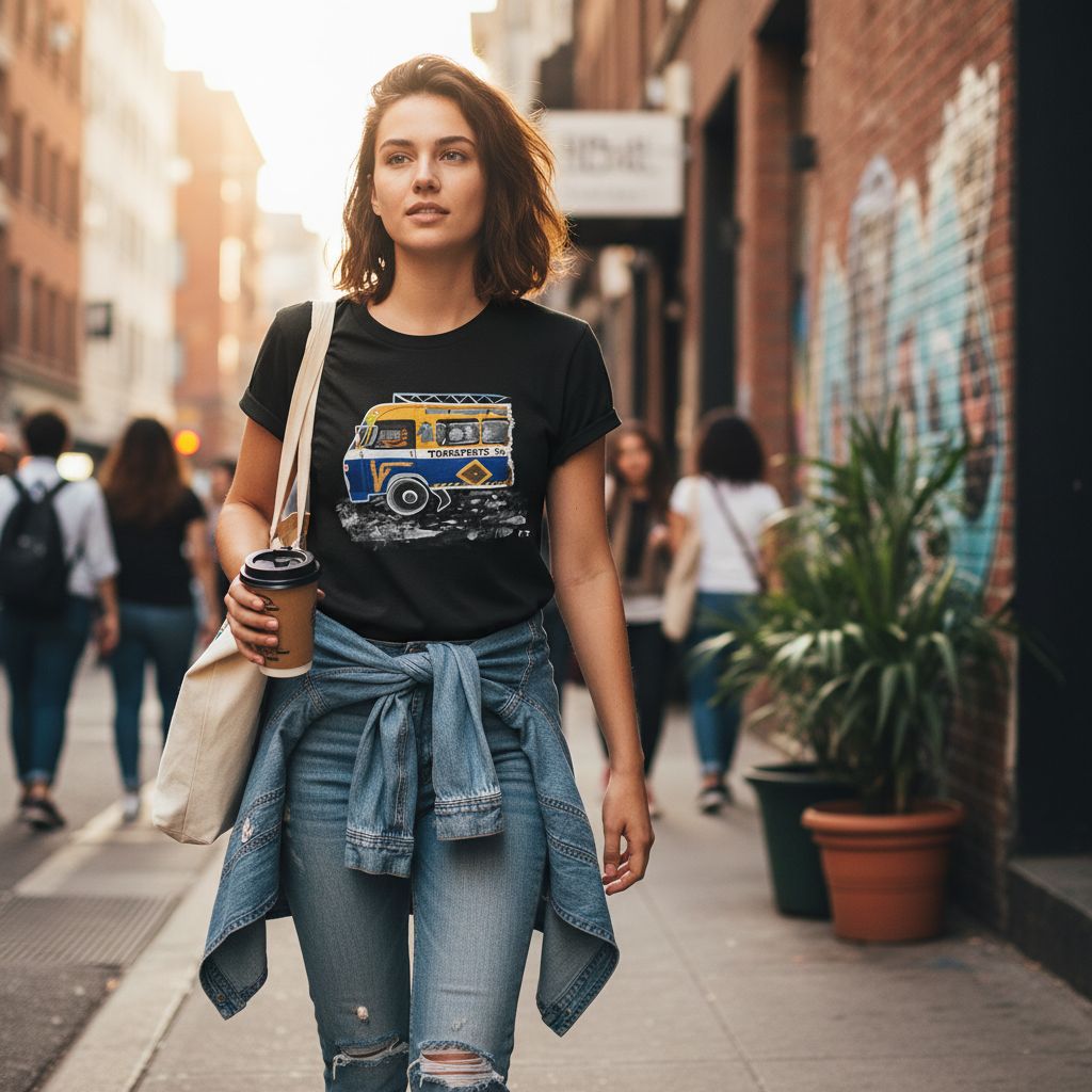 Tshirt noir unique fait à la main illustration bus tendance