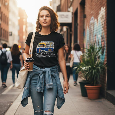 Tshirt noir unique fait à la main illustration bus tendance