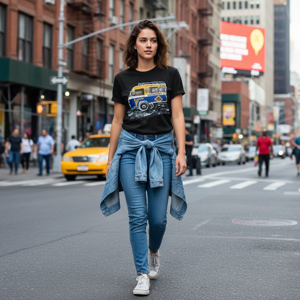 Tshirt noir unique fait à la main illustration bus tendance