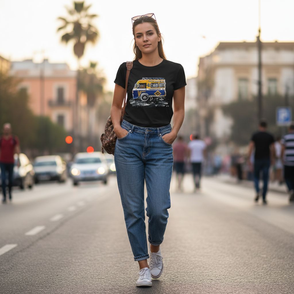 Tshirt noir unique fait à la main illustration bus tendance