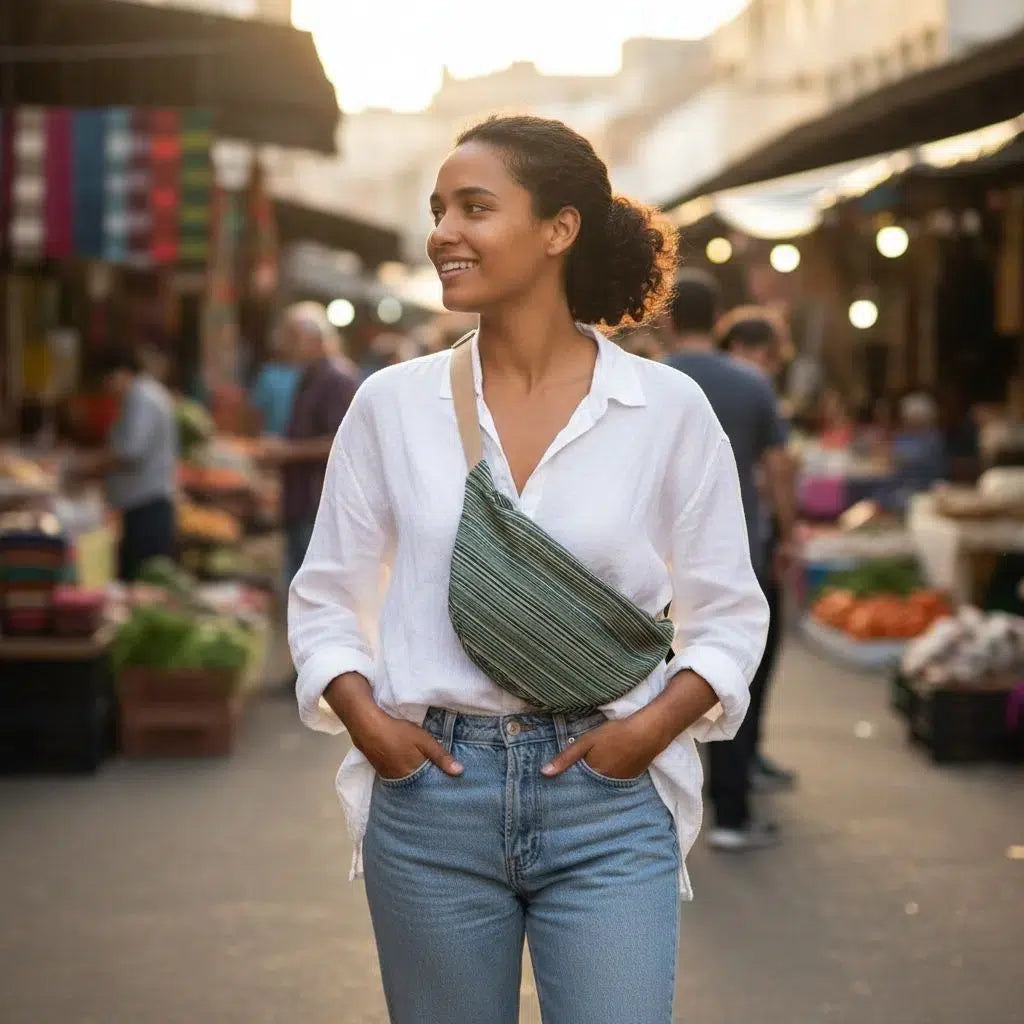 sac banane tendance ensemble de deux en tissu bleu rayé