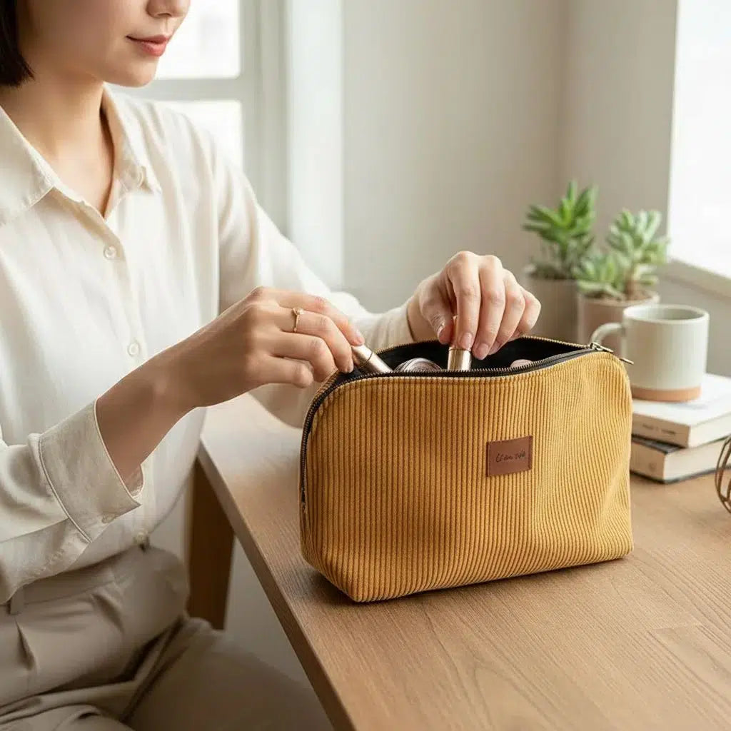 Trousse Chic en Corduroy Jaune - Élégance et Praticité