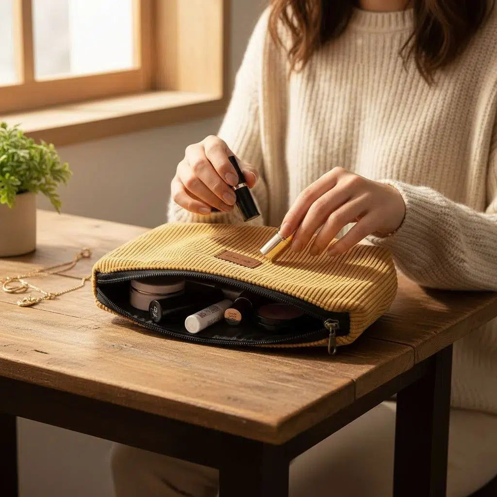 Trousse Chic en Corduroy Jaune - Élégance et Praticité