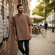 Chemise Homme Marron en Coton Épais - Élégance Urbaine Col Mao