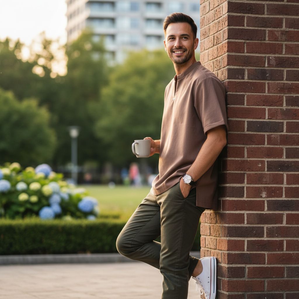 Chemise Homme Marron en Coton Épais - Élégance Urbaine Col Mao