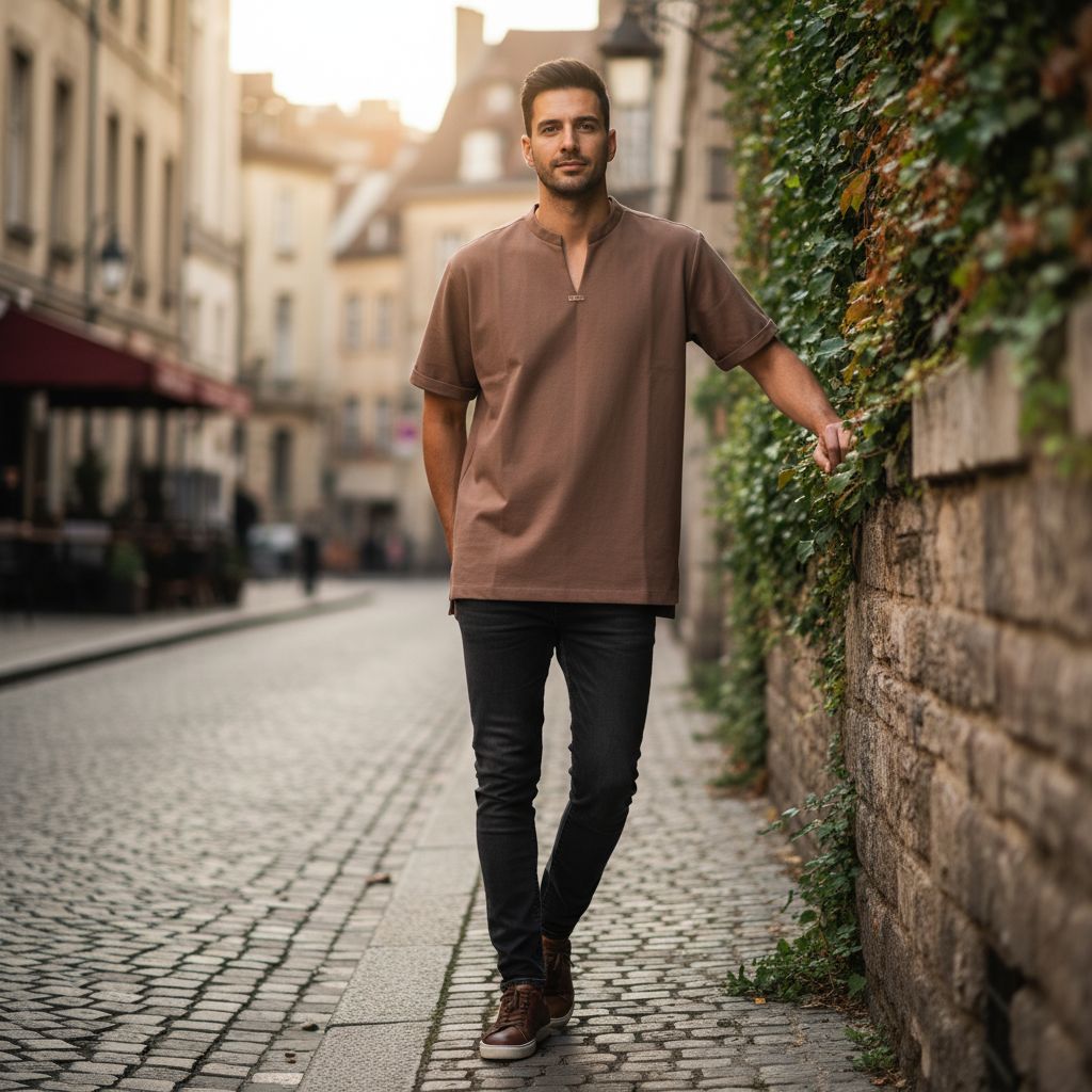 Chemise Homme Marron en Coton Épais - Élégance Urbaine Col Mao