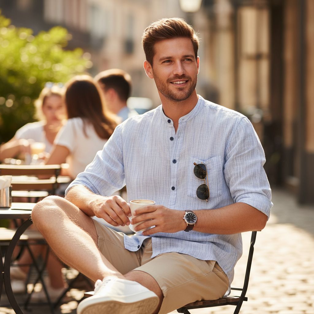 Chemise Lin Homme Bleu Rayée Col Mao – Élégance Légère et Moderne