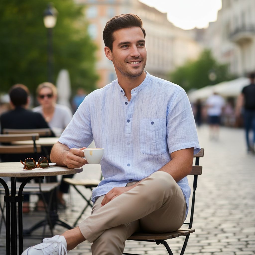 Chemise Lin Homme Bleu Rayée Col Mao – Élégance Légère et Moderne