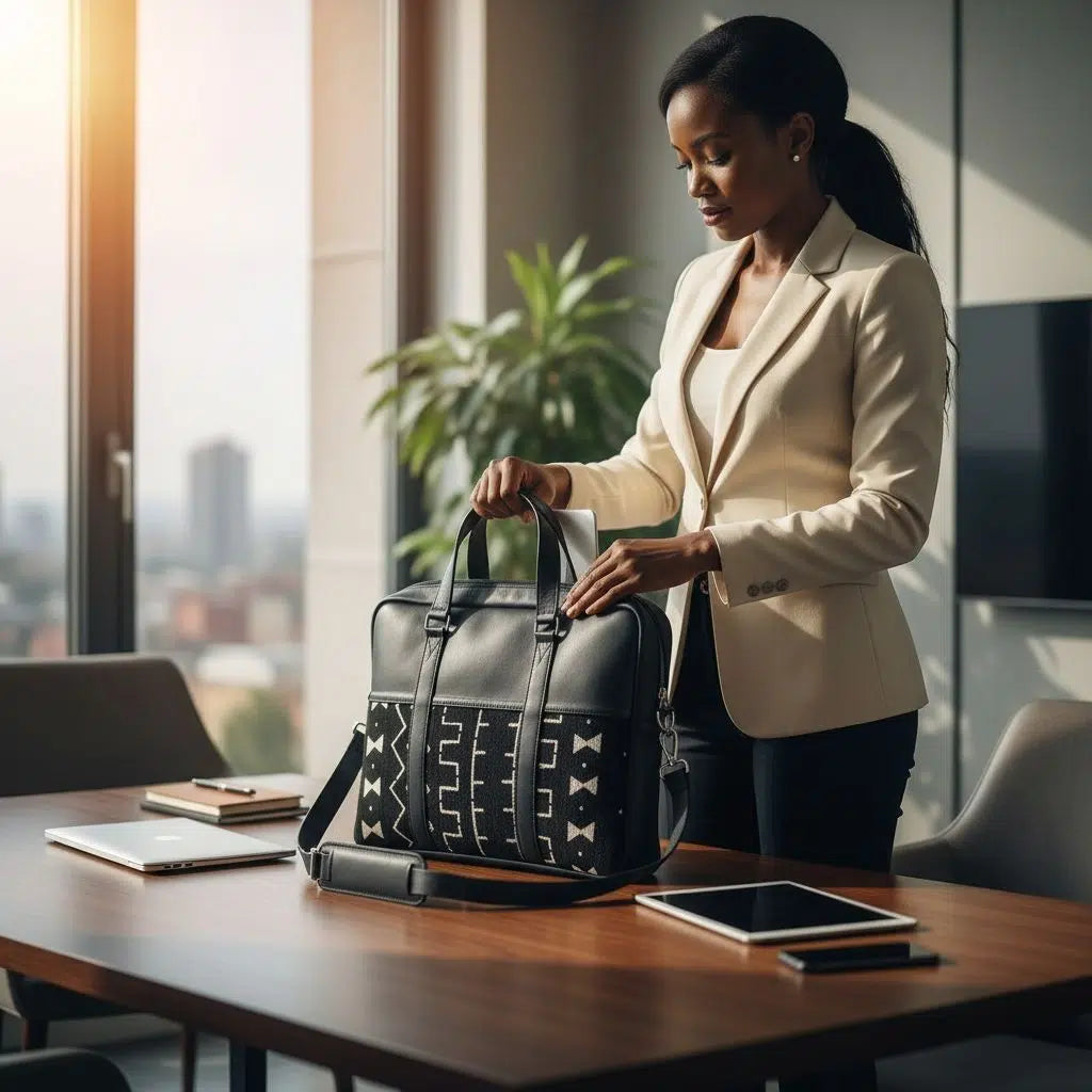 Sac de bureau et ordinateur en tissu africain Bogolan