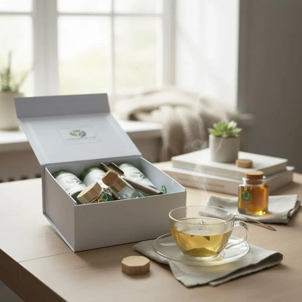 Box thé premium artisanale avec miel et infuseur irrésistible