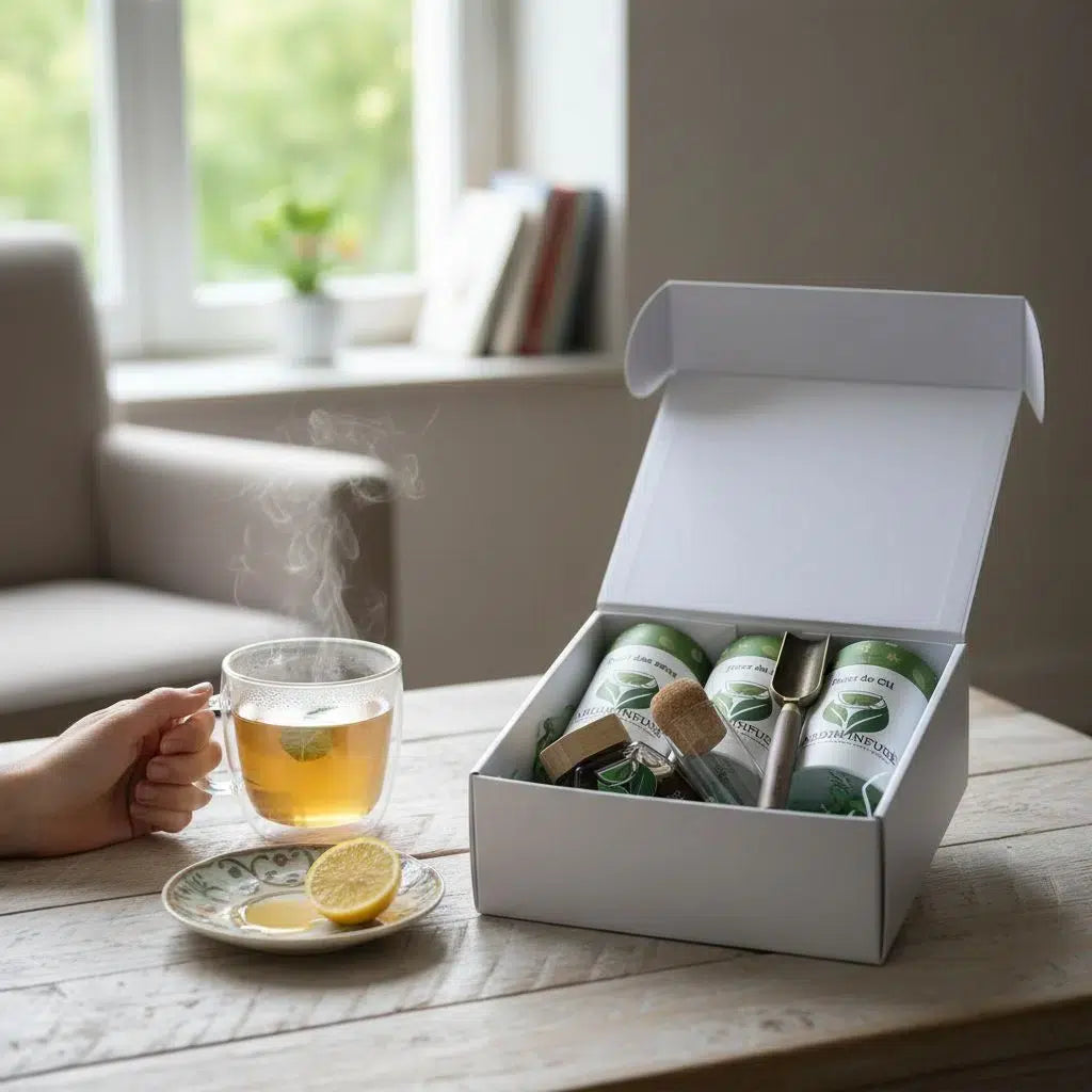 Box thé premium artisanale avec miel et infuseur irrésistible