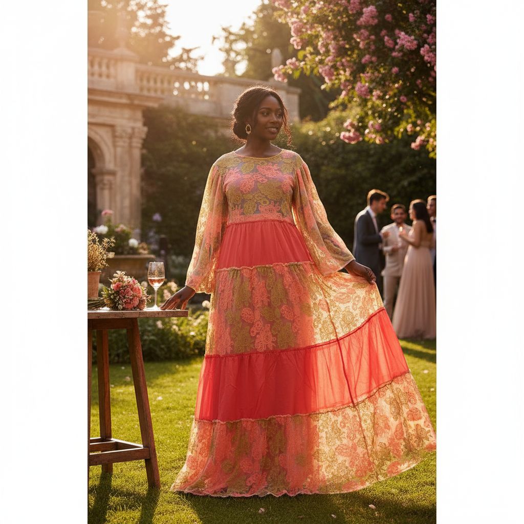 Robe longue corail élégante pour mariage avec motifs floraux