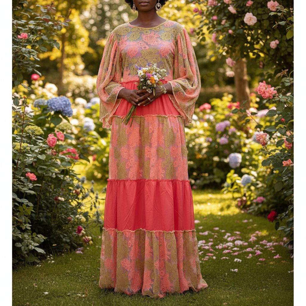 Robe longue corail élégante pour mariage avec motifs floraux