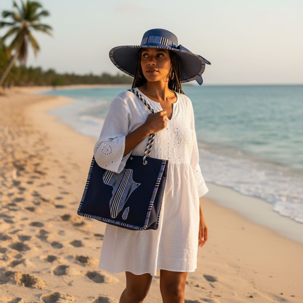 Sac et chapeau assortis bohème chic Blue– Set plage femme paille et jute