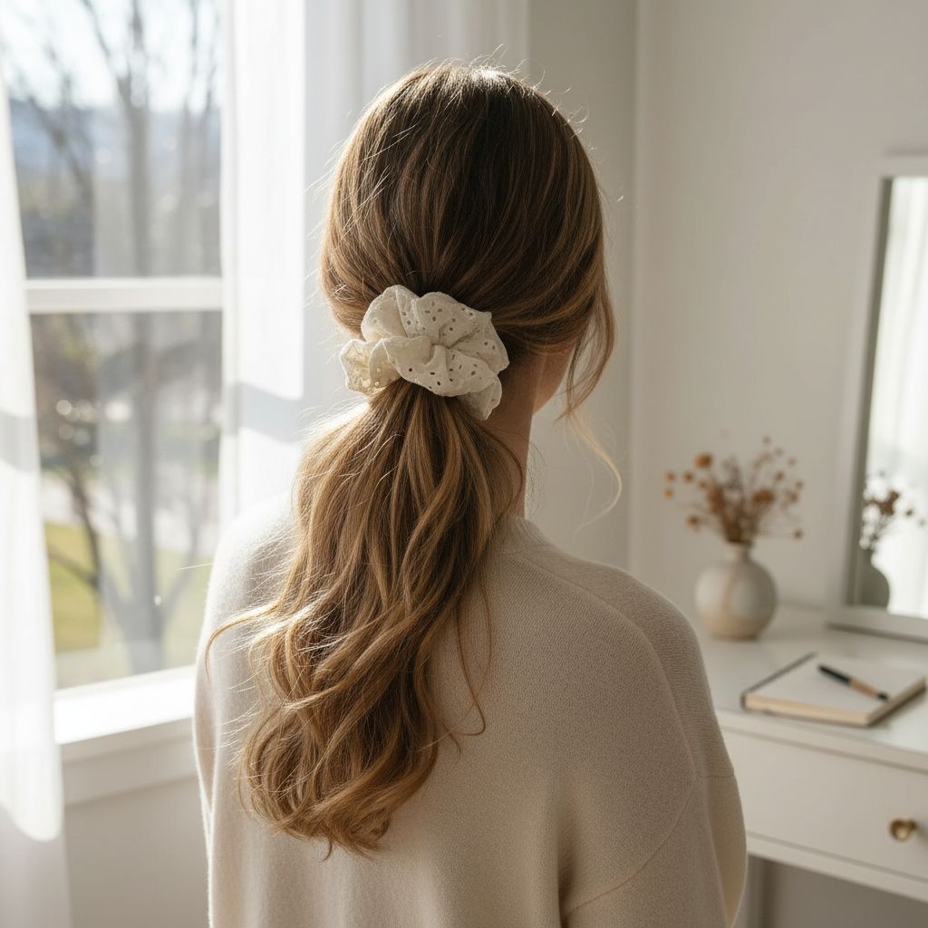 scrunchie brodé fait main en broderie anglaise blanche