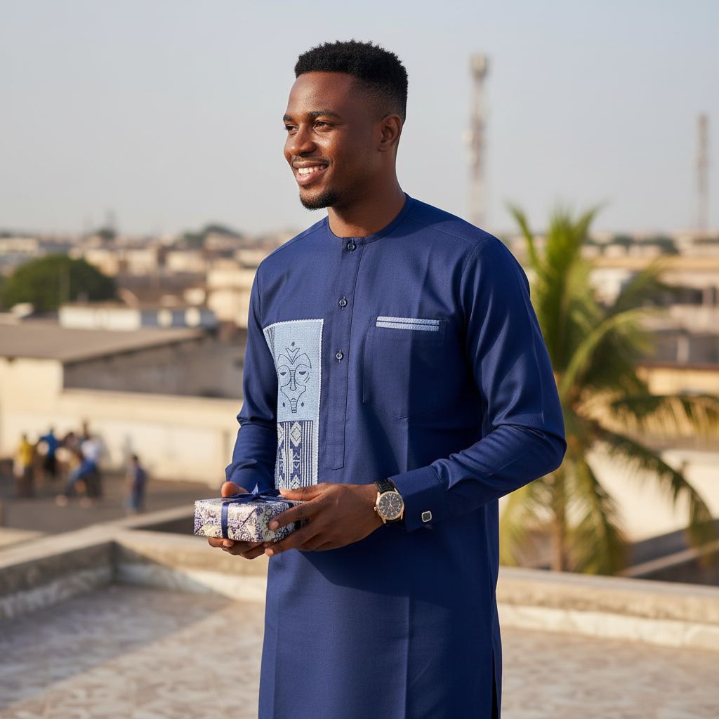 Chemise longue homme coton bleu – Patchwork pagne africain artisanal Sénégal