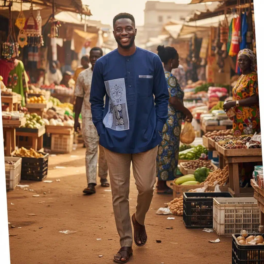 Chemise longue homme coton bleu – Patchwork pagne africain artisanal Sénégal