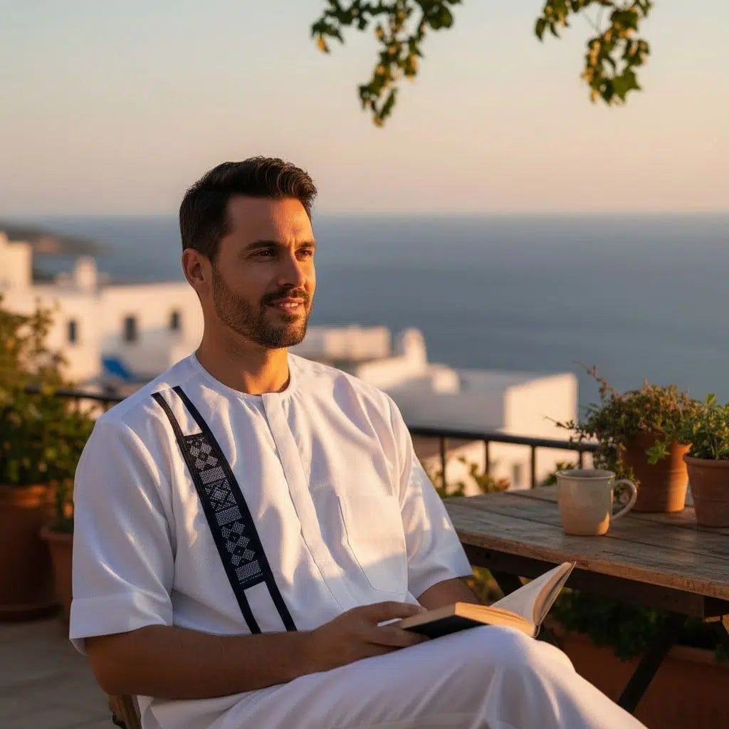 Chemise homme coton élégante – Tunique artisanale blanche motif noir