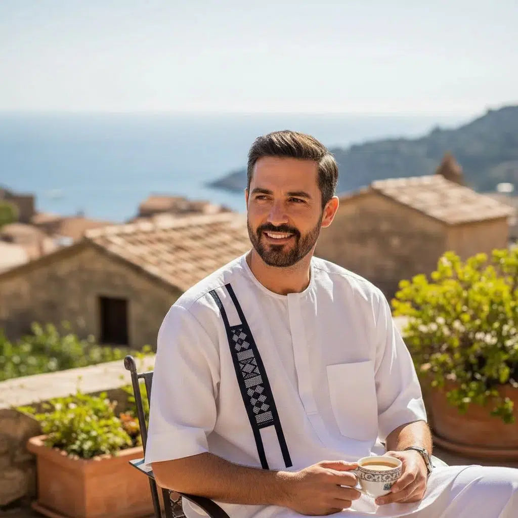 Chemise homme coton élégante – Tunique artisanale blanche motif noir