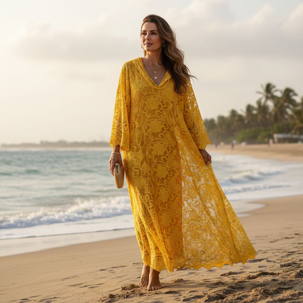 Robe bohème dentelle jaune longue