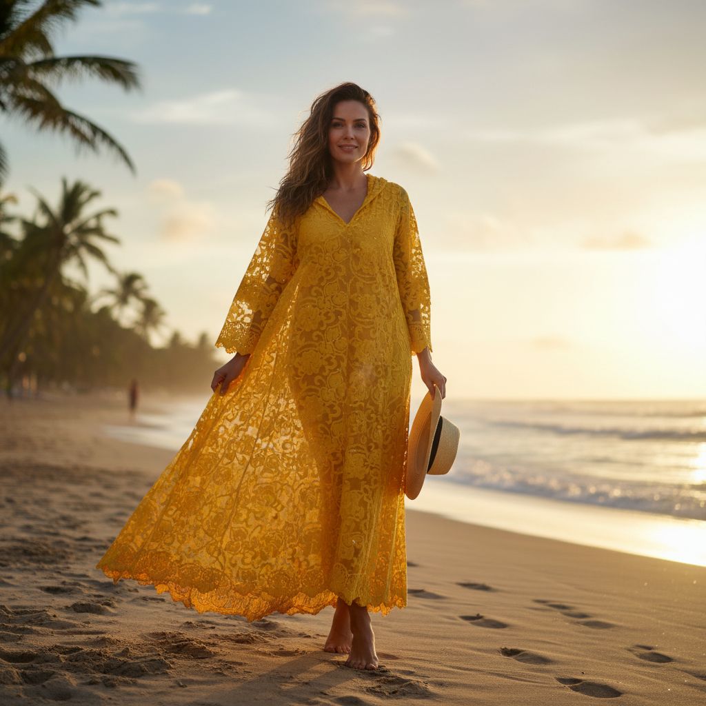 Robe bohème dentelle jaune longue