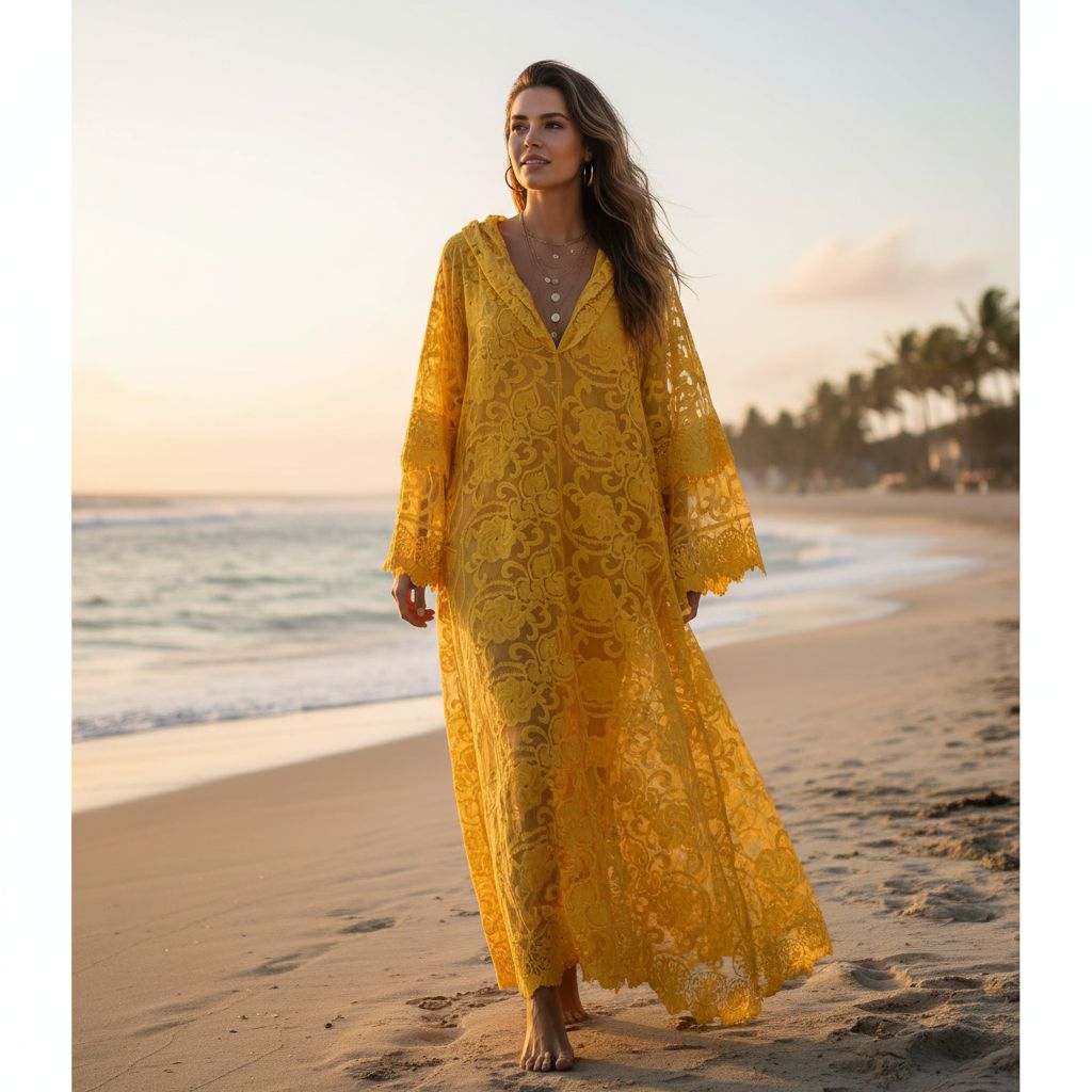 Robe bohème dentelle jaune longue