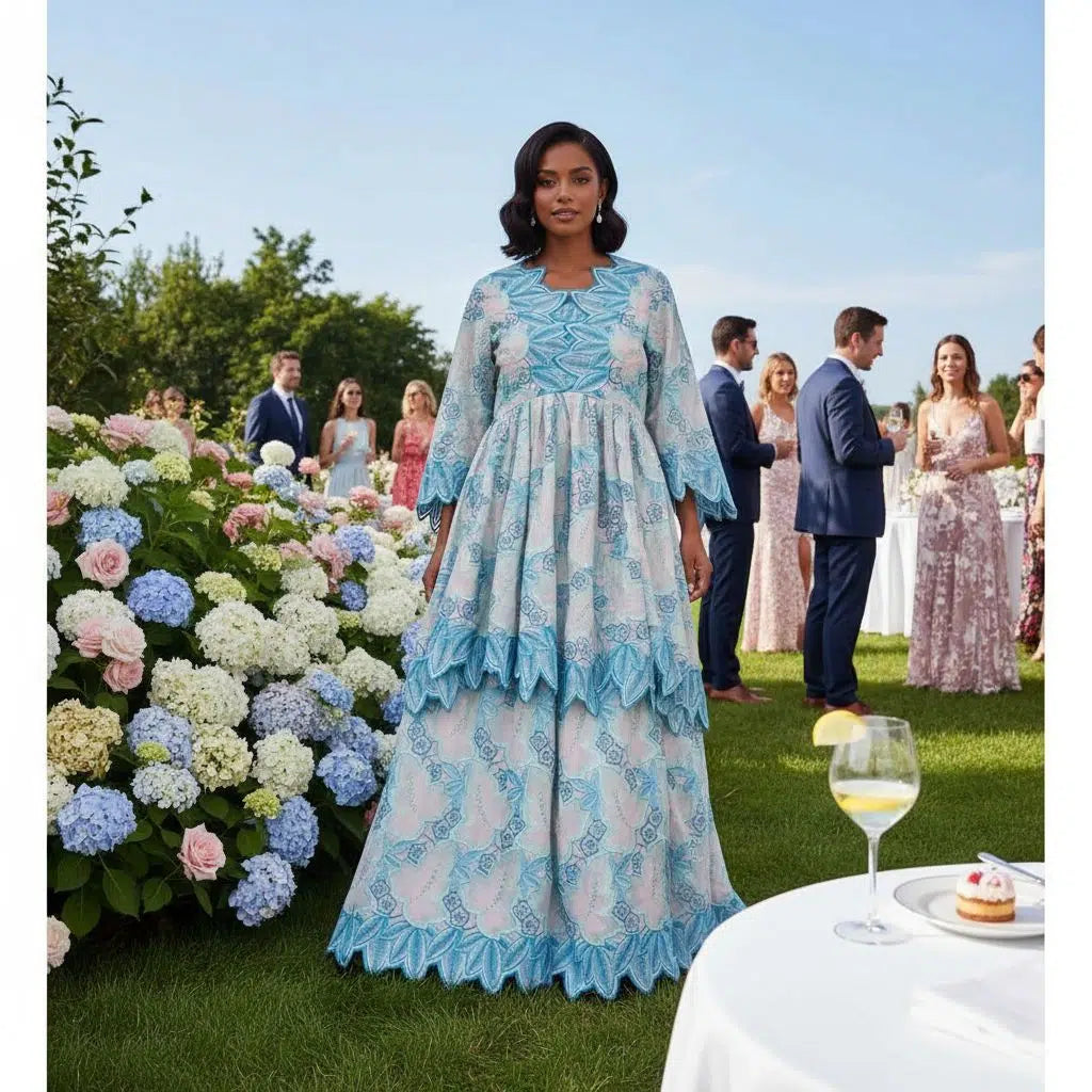 Ensemble jupe et haut brodé bleu femme, chic et élégant cérémonie