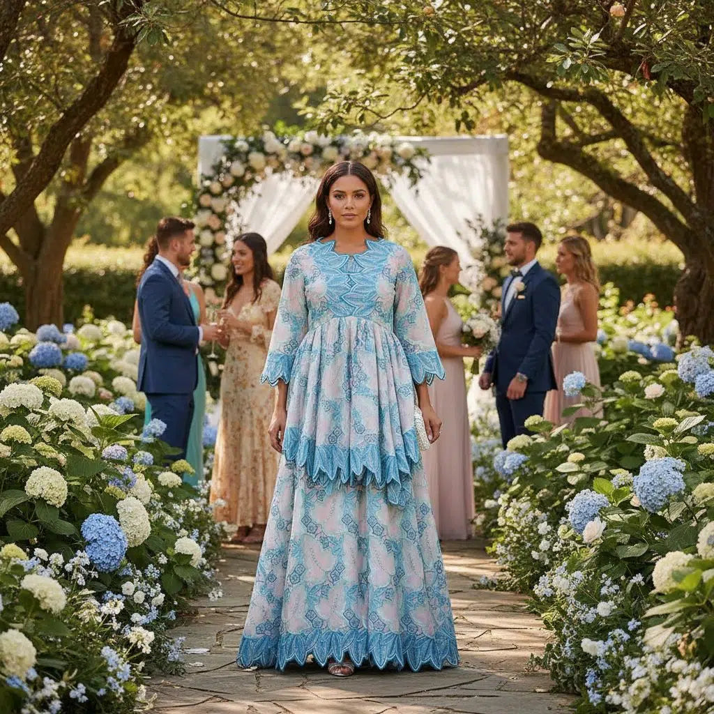 Ensemble jupe et haut brodé bleu femme, chic et élégant cérémonie