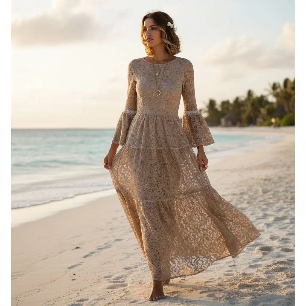 Robe femme dentelle beige longue bohème