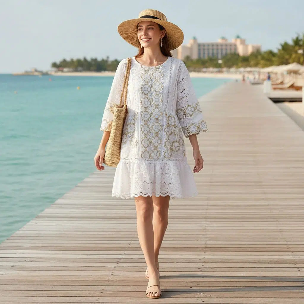 Robe geztner brodée beige blanc femme, élégante et légère été