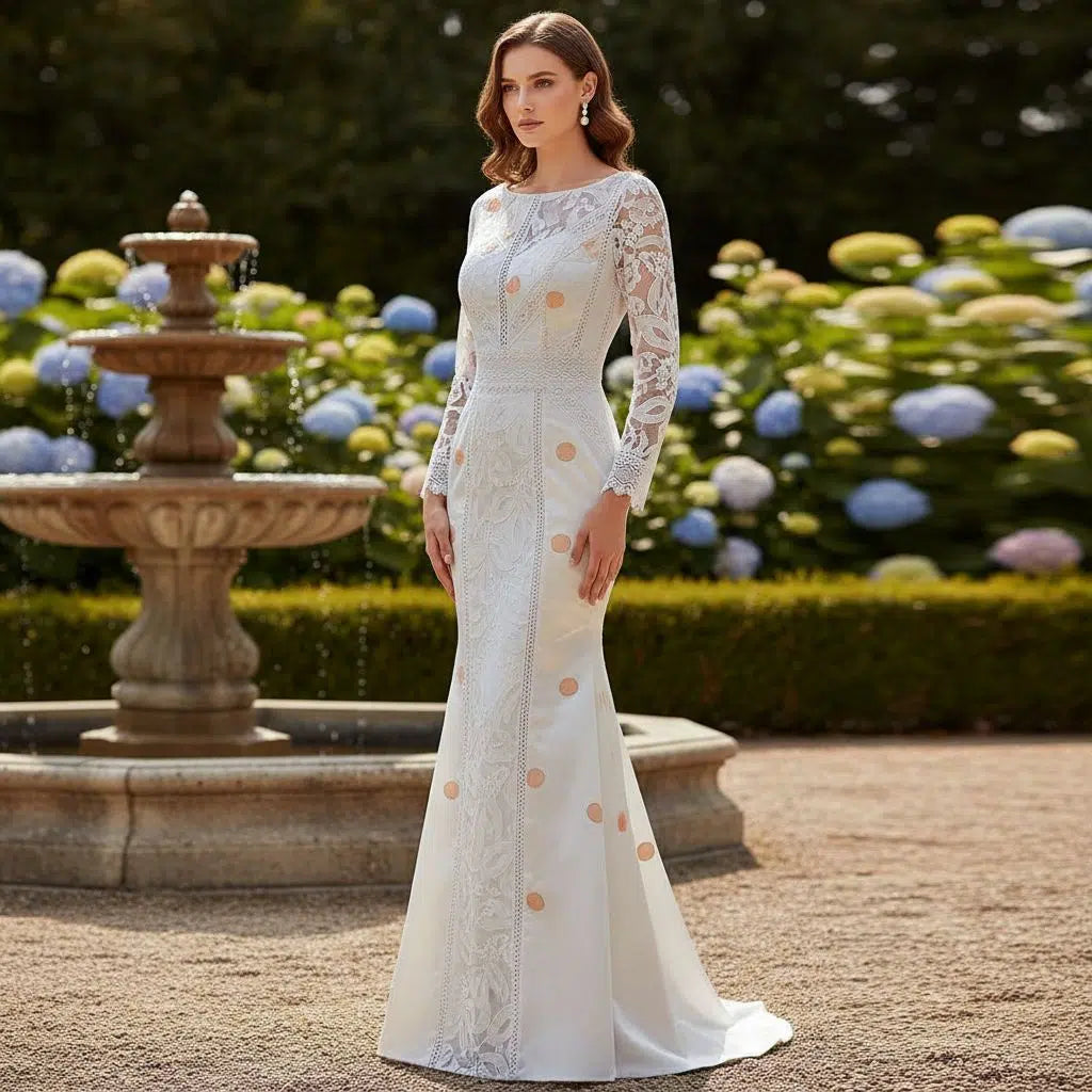 Robe brodée femme élégante blanc saumon , cérémonie et occasions spéciales