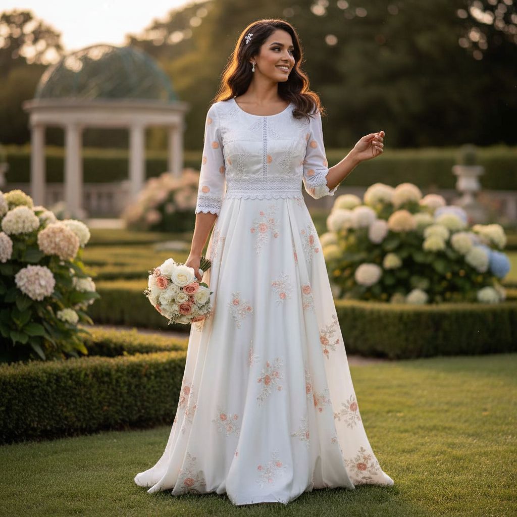 Robe brodée femme élégante blanc saumon , cérémonie et occasions spéciales