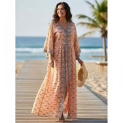 Robe brodée saumon orange femme, longue chic dentelle grise bohème