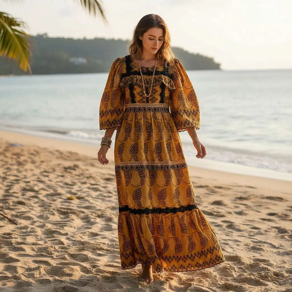 Robe brodée jaune moutarde femme, longue bohème chic, manches bouffantes