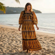 Robe brodée jaune moutarde femme, longue bohème chic, manches bouffantes